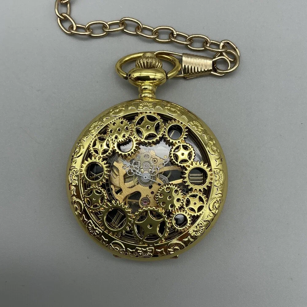 Steampunk Gear Pocket Watch Men 47mm Gold Tone Skeleton Half Hunter Manual